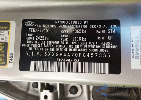 2015 Kia Optima Lx z USA, uszkodzony, nr VIN 5XXGM4A70FG457355